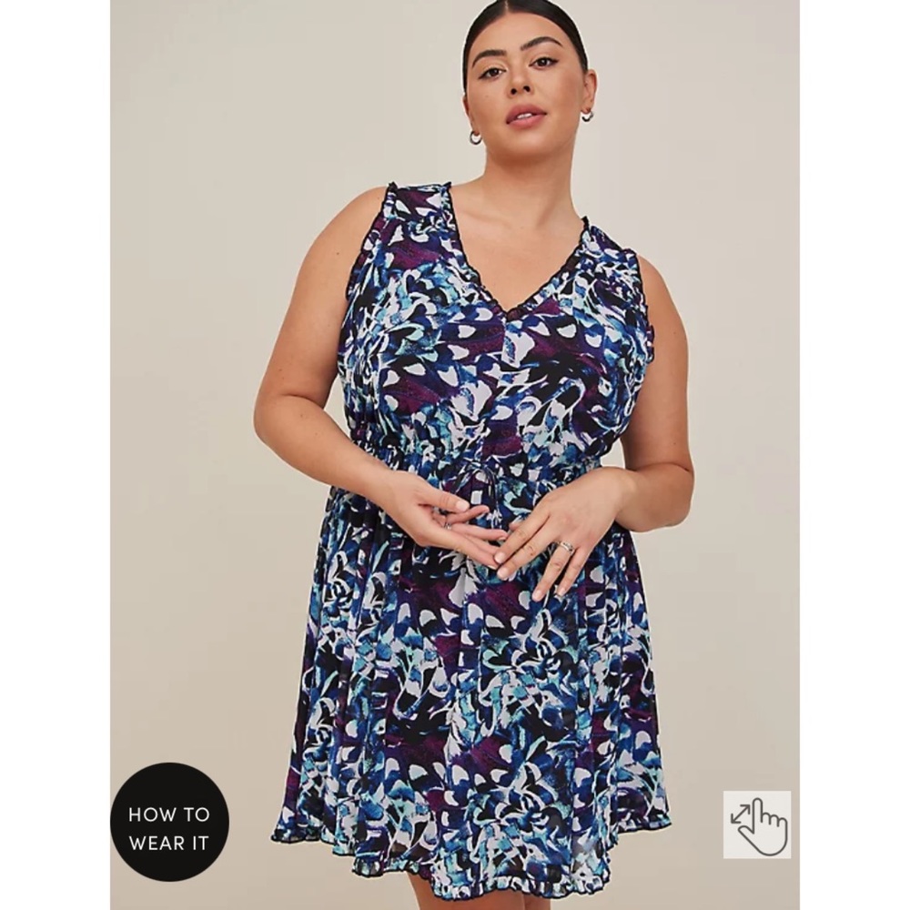 NWT TORRID Mini Chiffon Ruffle Dress - Black Abstract - Picture 2 of 9